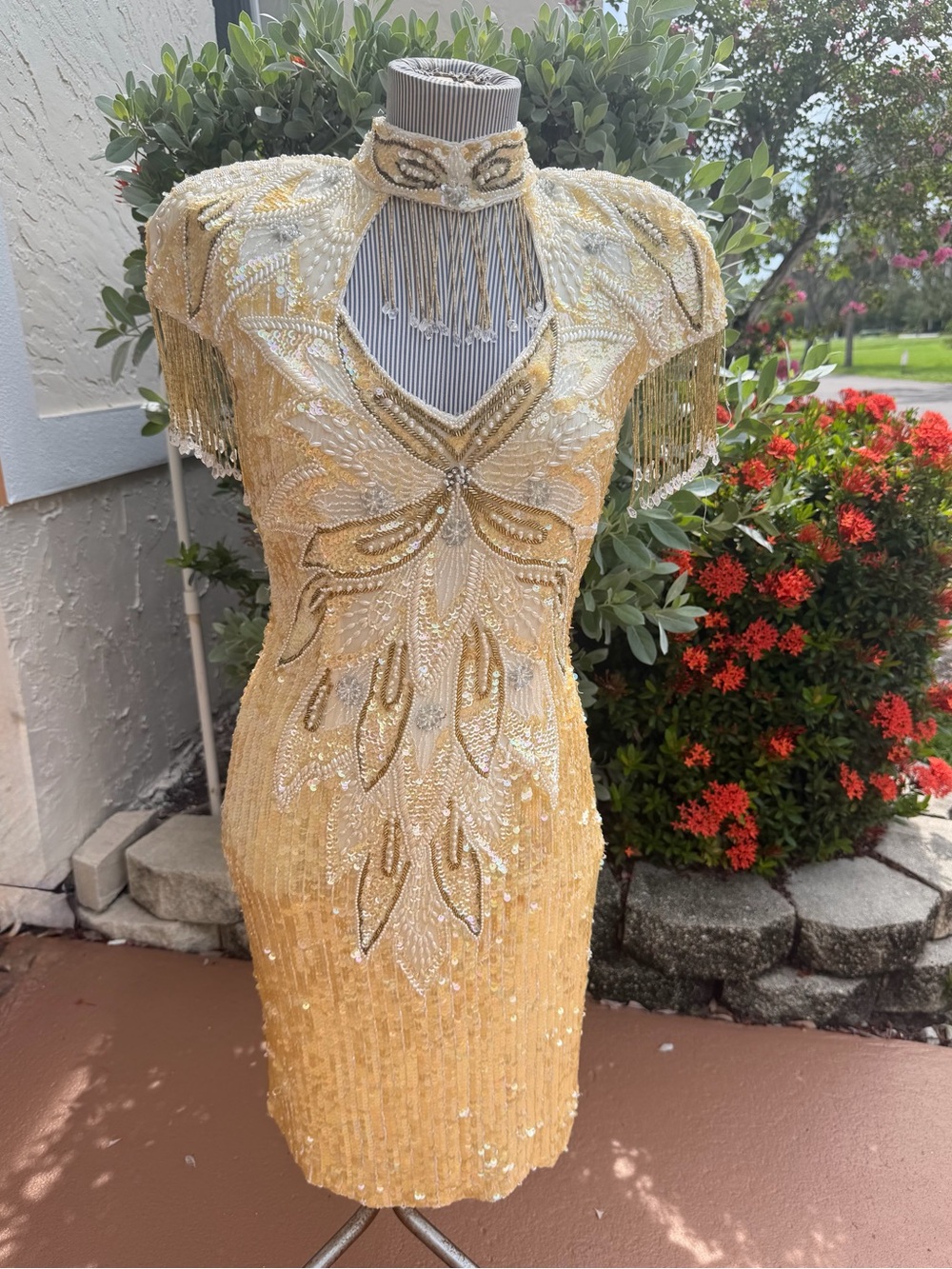 Fringed Gold Sequined Cocktail Dress, Beaded Silk Gatsby Flapper Style Dress